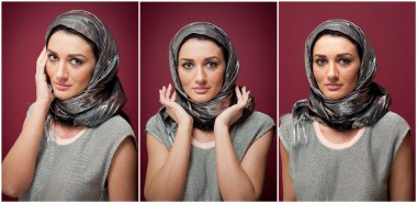 Gri bluz ve başörtüsü poz mor arka plan üzerinde dramatik çekici esmer kadın. Kadın sanat portre studio vurdu. Hüzünlü gülümseme ile hakiki doğal kız. Kadın Meryem Ana poz