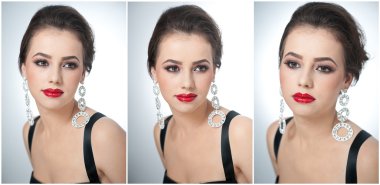 Saç ve makyaj - güzel kadın sanat portre Küpeli. Zerafet. Jewelries Studio'yu hakiki doğal esmer. Kırmızı dudaklar ve yaratıcı makyaj ile çekici bir kadın portresi
