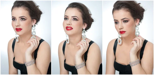 El peinado y el maquillaje - el retrato hermoso femenino artístico con los pendientes. Elegancia. Genuina morena natural con joyas en estudio. Retrato de una mujer atractiva con labios rojos y maquillaje creativo — Foto de Stock