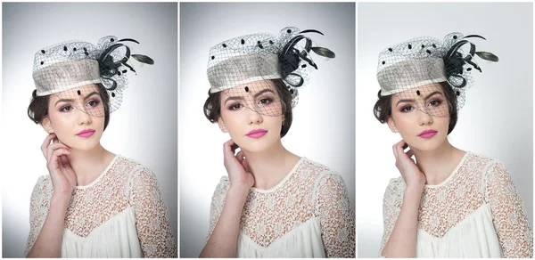 Hairstyle and make up - beautiful young girl art portrait. Cute brunette with white cap and veil, studio shot. Attractive female with beautiful lips and eyes in white lace blouse, over white — Stock Photo, Image