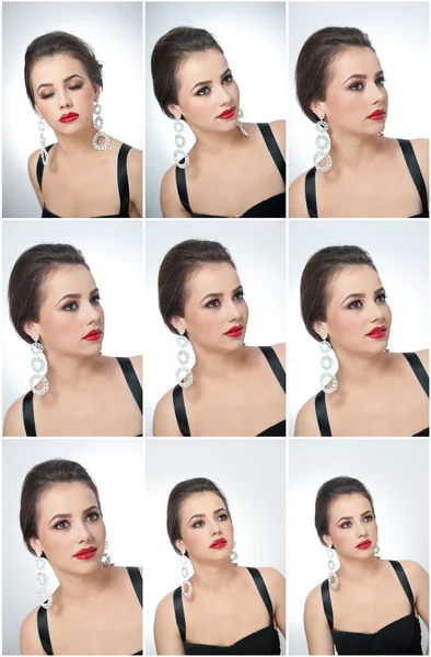Hairstyle and make up - beautiful female art portrait with earrings. Elegance. Genuine natural brunette with jewelries in studio. Portrait of a attractive woman with red lips and creative makeup — Stock Photo, Image