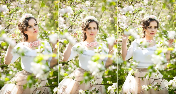 Retrato de una hermosa niña posando al aire libre con flores de los cerezos en flor durante un brillante día de primavera. Atractiva mujer morena con flores accesorios en huerto, tiro de primavera — Foto de Stock