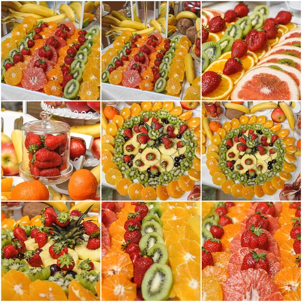 Snidade frukt arrangemang. Färska olika frukter. Sortiment av exotiska frukter. Färsk frukt dekoration — Stockfoto