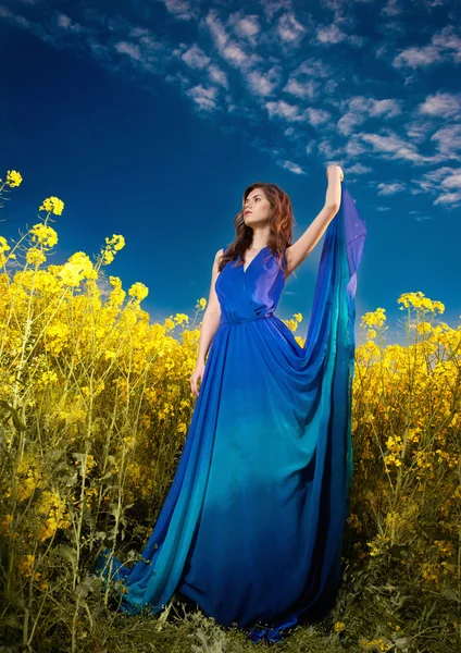 Moda bela jovem mulher em vestido azul posando ao ar livre com céu dramático nublado no fundo. Menina morena de cabelo longo atraente com vestido elegante posando no campo de canola durante o pôr do sol . — Fotografia de Stock