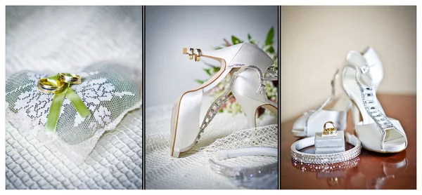 Zapatos de boda de tacón alto. Anillos y accesorios de boda aislados —  Fotos de Stock