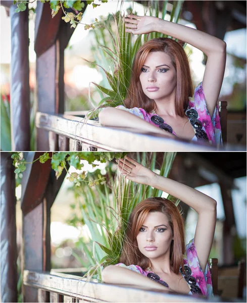 Hermoso retrato femenino con pelo rojo largo al aire libre. Pelirroja natural genuina con blusa de color brillante en el parque. Retrato de una mujer atractiva con hermosos ojos soñando despierto, tiro al aire libre —  Fotos de Stock