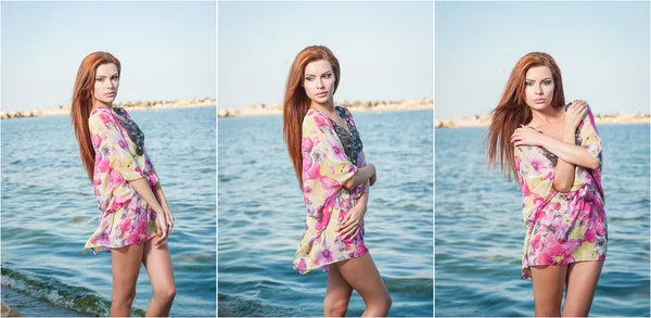 Young sexy red hair girl in multicolored blouse posing on the beach. Sensual attractive woman with long hair, summer shot at sea shore. Perfect body female, holiday concept turquoise water backgroud — Stock Photo, Image