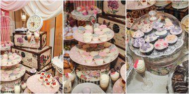 Düğün dekorasyon pastel ile cupcakes, meringues, kekler ve macarons renkli. zarif ve lüks olay renkli kurabiye aranjmanı. Düğün tatlı macaroons ile