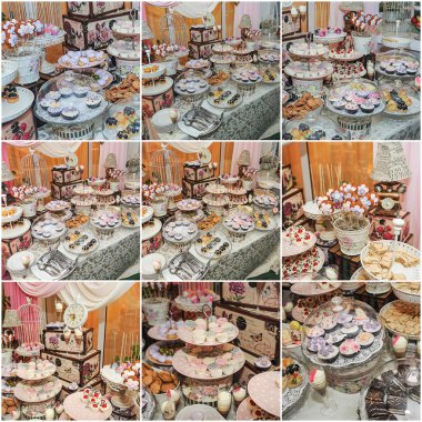 Düğün dekorasyon pastel ile cupcakes, meringues, kekler ve macarons renkli. zarif ve lüks olay renkli kurabiye aranjmanı. Düğün tatlı macaroons ile