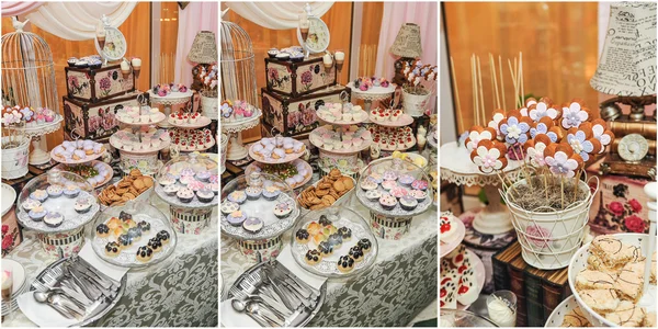 Decoração de casamento com cupcakes coloridos pastel, merengues, muffins e macarons. Arranjo de evento elegante e luxuoso com macaroons coloridos. Sobremesa de casamento com macaroons — Fotografia de Stock