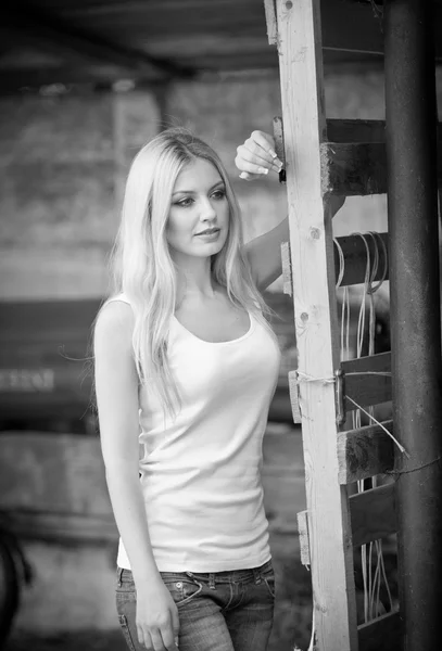 Shot of beautiful girl near an old wooden fence. Stylish look wear: white basic top, denim jeans. Country style farmer. Beautiful long hair blonde in rustic style — Stock Photo, Image