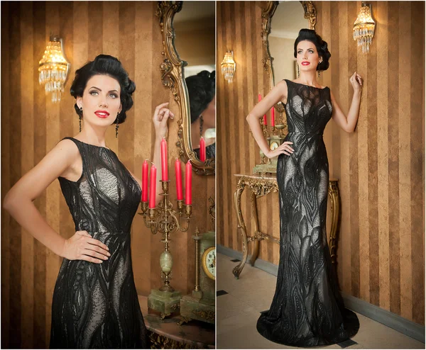 Hermosa chica en vestido negro elegante posando en escena vintage. Mujer hermosa joven con vestido de lujo. Mujer morena seductora en una mansión de lujo. Hermosa dama con corte de pelo creativo sonriendo —  Fotos de Stock