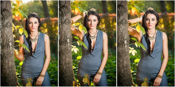 Beautiful woman in gray posing in autumnal park. Young brunette woman spending time in autumn near a tree in forest. Long dark hair attractive woman smiling with faded leaves around her, outdoors shot — Stock Photo, Image