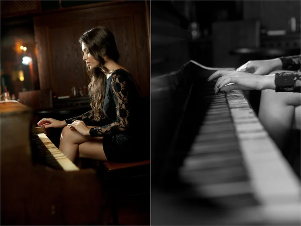 Ung vacker brunett kvinna i elegant svart klänning spela på piano. Sensuell romantisk dam med långa mörka hår i lyxig interiör. Attraktiva flicka poserar med en vintage piano i halvt mörker — Stockfoto