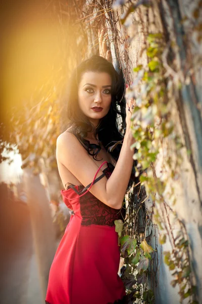 Красива чуттєва жінка в червоній сукні позує в автономному парку. Молода брюнетка мріє про день біля стіни з іржавим листям під час осіннього сезону. Темне волосся приваблива жінка з зів'ялим листям навколо неї — стокове фото