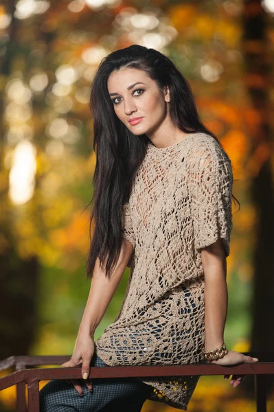 Beautiful woman in lace blouse posing in autumnal park. Young brunette woman spending time in forest during fall season. Long dark hair attractive woman smiling with faded leaves around her, outdoors — Stok fotoğraf