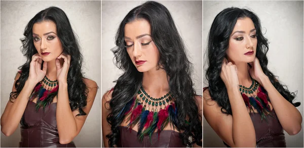 Coiffure et maquillage - magnifique portrait d'art féminin avec de beaux yeux. Élégance. Brune naturelle authentique en studio. Portrait d'une jolie femme aux lèvres rouges et au collier glamour — Photo