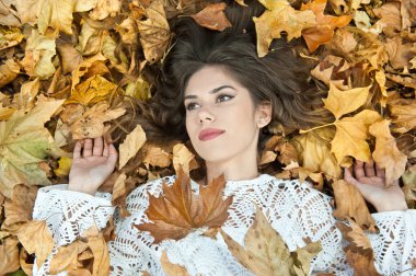 Güz yapraklarıyla kaplı güzel bir kız. Genç bir kadın, parkta yapraklarla kaplı olarak yerde yatıyor. Sonbahar yaprakları üzerinde uzanan güzel seksi kız. Altın sonbahar yapraklarıyla kaplı genç bir kadın.