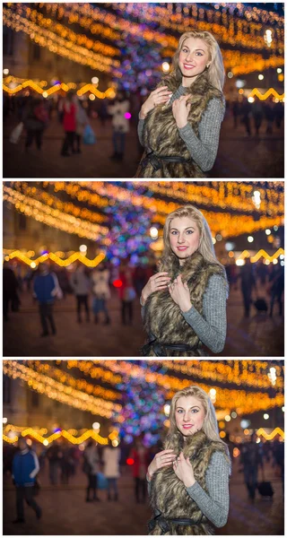Portrait of young beautiful woman with long fair hair outdoor in cold winter evening. Beautiful blonde girl in winter clothes with xmas lights in background. Beautiful woman smiling in winter scenery — Stok fotoğraf