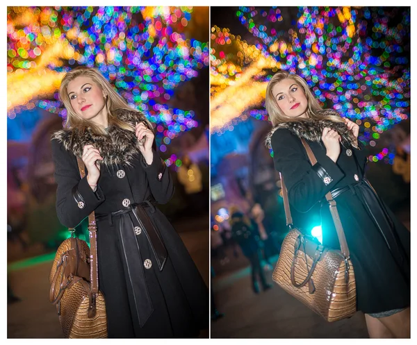 Portret van jonge mooie vrouw met lang eerlijke haar buiten in de koude winteravond. Prachtige blond meisje in winterkleren met kerstverlichting in achtergrond. Mooie vrouw die lacht in winter landschap — Stockfoto