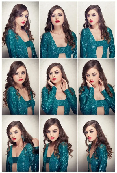 Hairstyle and Make up - beautiful female art portrait with beautiful eyes. Elegance. Long hair brunette in studio. Portrait of a attractive woman with red lips in turquoise sparkling creative blouse — Stock Photo, Image