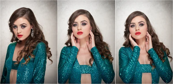 Hairstyle and Make up - beautiful female art portrait with beautiful eyes. Elegance. Long hair brunette in studio. Portrait of a attractive woman with red lips in turquoise sparkling creative blouse — Stock Photo, Image