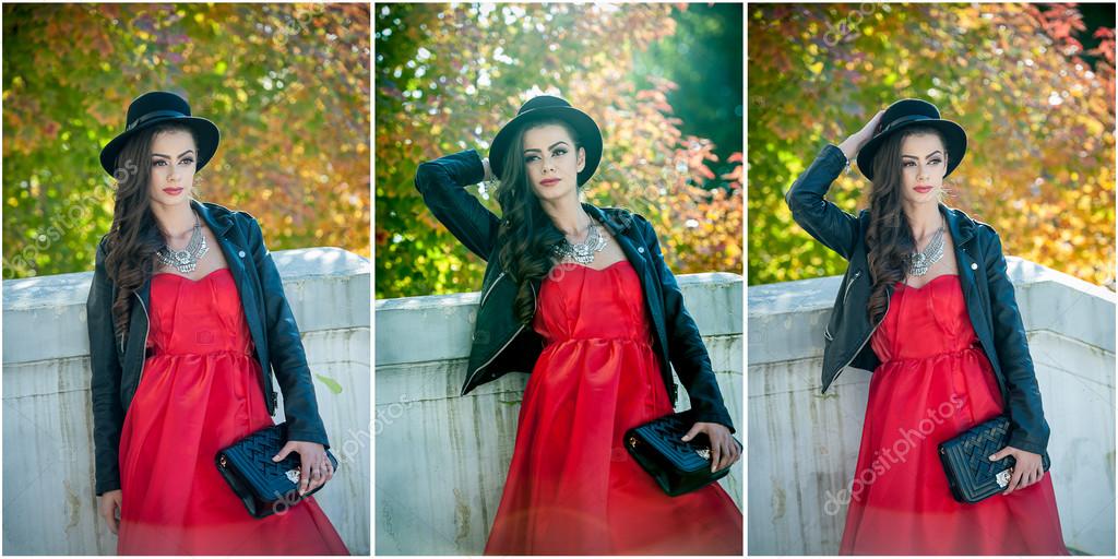 秋の公園でポーズをとって黒い帽子の美しい女性。若いブルネットの森で秋の間に時間を過ごします。創造的な化粧と秋に屋外撮影、赤いドレスの長い髪の魅力的な女の子  — ストック写真 © iancucristi #95549474