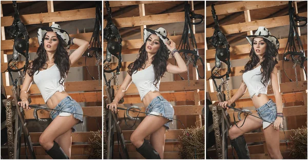 Beautiful brunette girl with country look, indoors shot in stable, rustic style. Attractive woman with cowboy hat, denim shorts and tight white top. American country style farmer near barn harness — Stock Photo, Image