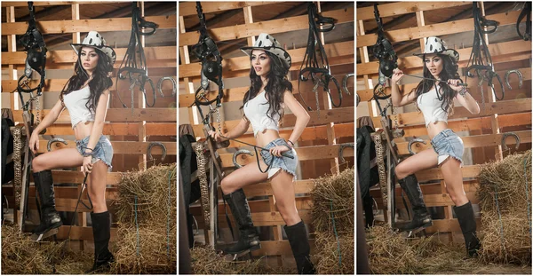 Mooie brunette meisje met land look, binnenshuis shot in stabiele, rustieke stijl. Aantrekkelijke vrouw met cowboy hoed, denim shorts en strakke witte boven. Amerikaanse land stijl boer in de buurt van schuur harnas — Stockfoto