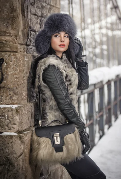 Mujer atractiva con gorra de piel negra y chaleco gris disfrutando del invierno. Vista lateral de la chica morena de moda posando contra el puente cubierto de nieve. Hermosa joven hembra con traje de clima frío —  Fotos de Stock