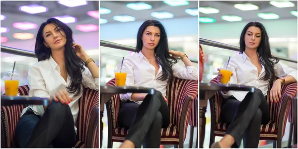 Atractiva joven sentada en sillón en el centro comercial. Hermosa mujer joven de moda con camisa blanca masculina en el centro comercial. Casual pelo largo morena posando sonriente y burlas, en el interior de disparo —  Fotos de Stock