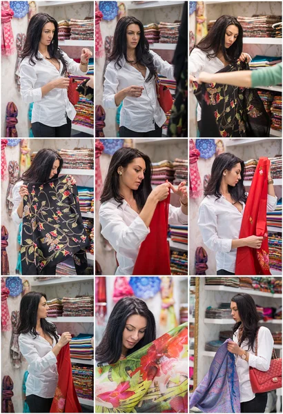 Atractiva joven mujer de moda rodada en el centro comercial. Hermosa joven de moda en camisa blanca en la zona comercial. Casual pelo largo morena recogiendo ropa y accesorios, tiro en el interior —  Fotos de Stock