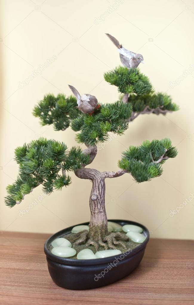A small bonsai tree in black ceramic pot on wooden table, on yellow background. Bonsai tree with small swallows on branches and pearly white rocks around his stem