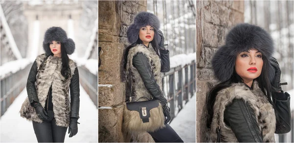 Mujer atractiva con gorra de piel negra y chaleco gris disfrutando del invierno. Vista lateral de la chica morena de moda posando contra el puente cubierto de nieve. Hermosa joven hembra con traje de clima frío — Foto de Stock