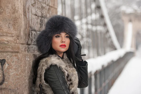 Mujer atractiva con gorra de piel negra y chaleco gris disfrutando del invierno. Vista lateral de la chica morena de moda posando contra el puente cubierto de nieve. Hermosa joven hembra con traje de clima frío —  Fotos de Stock