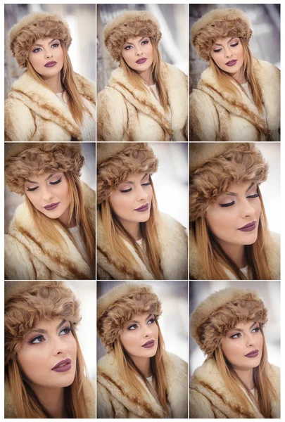 Attractive woman with brown fur cap and jacket enjoying the winter. Side view of fashionable blonde girl posing against snow covered bridge. Beautiful young female with cold weather outfit — Stock Photo, Image