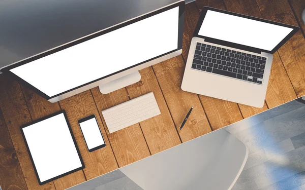 Top view workplace with devices — Stock Photo, Image