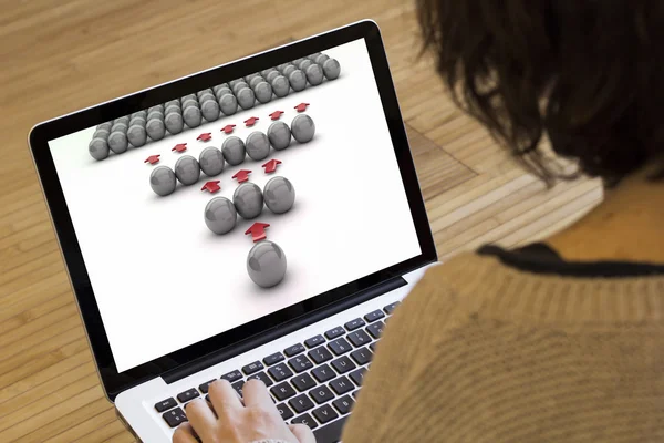 Woman with laptop viral marketing on screen — Stock Photo, Image