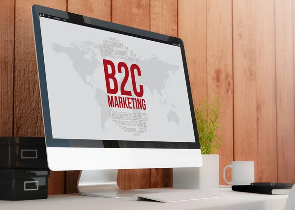 Espace de travail avec ordinateur montrant le marketing b2c — Photo