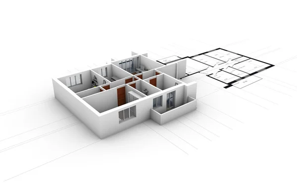 House project over blueprints — Stock Photo, Image