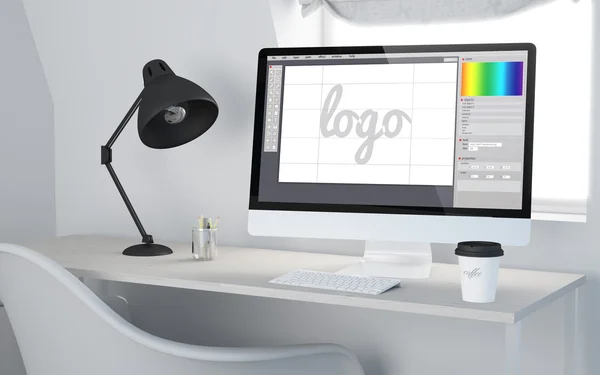 3D escritorio renderizado espacio de trabajo estudio de diseño —  Fotos de Stock