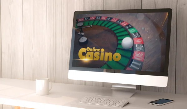 Espacio de trabajo con casino en línea en la pantalla — Foto de Stock