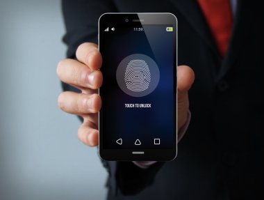 telefon parmak izi ile ekran üzerinde tutarak işadamı