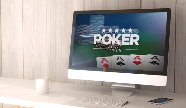 Spazio di lavoro con il sito di poker online sullo schermo — Foto Stock