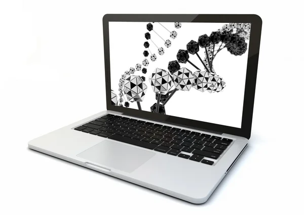 Computer with dna chains on screen — Stock Photo, Image