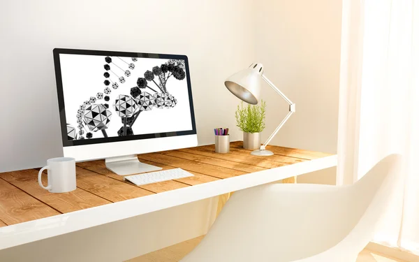 Minimalistischer Arbeitsplatz mit dna-Kettencomputer — Stockfoto