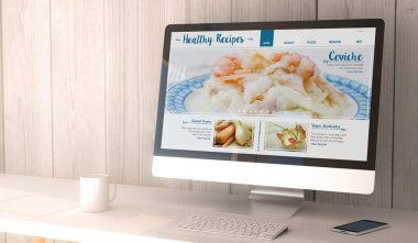 bilgisayar ekranında sağlıklı yemek tarifleri ile çalışma alanı