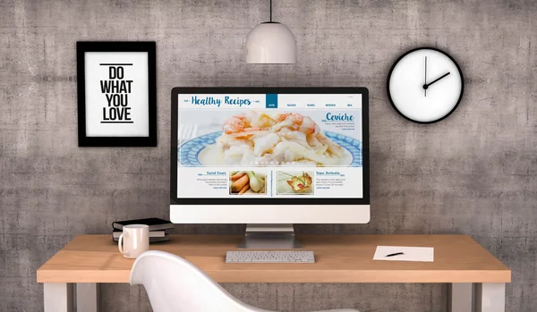 Arbetsytan dator med hälsosamma recept på skärmen — Stockfoto
