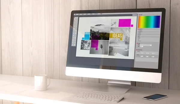 Espacio de trabajo con software de diseño gráfico en pantalla —  Fotos de Stock