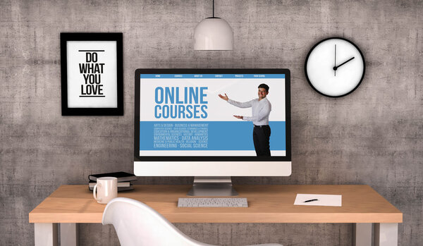 desktop with online courses on screen